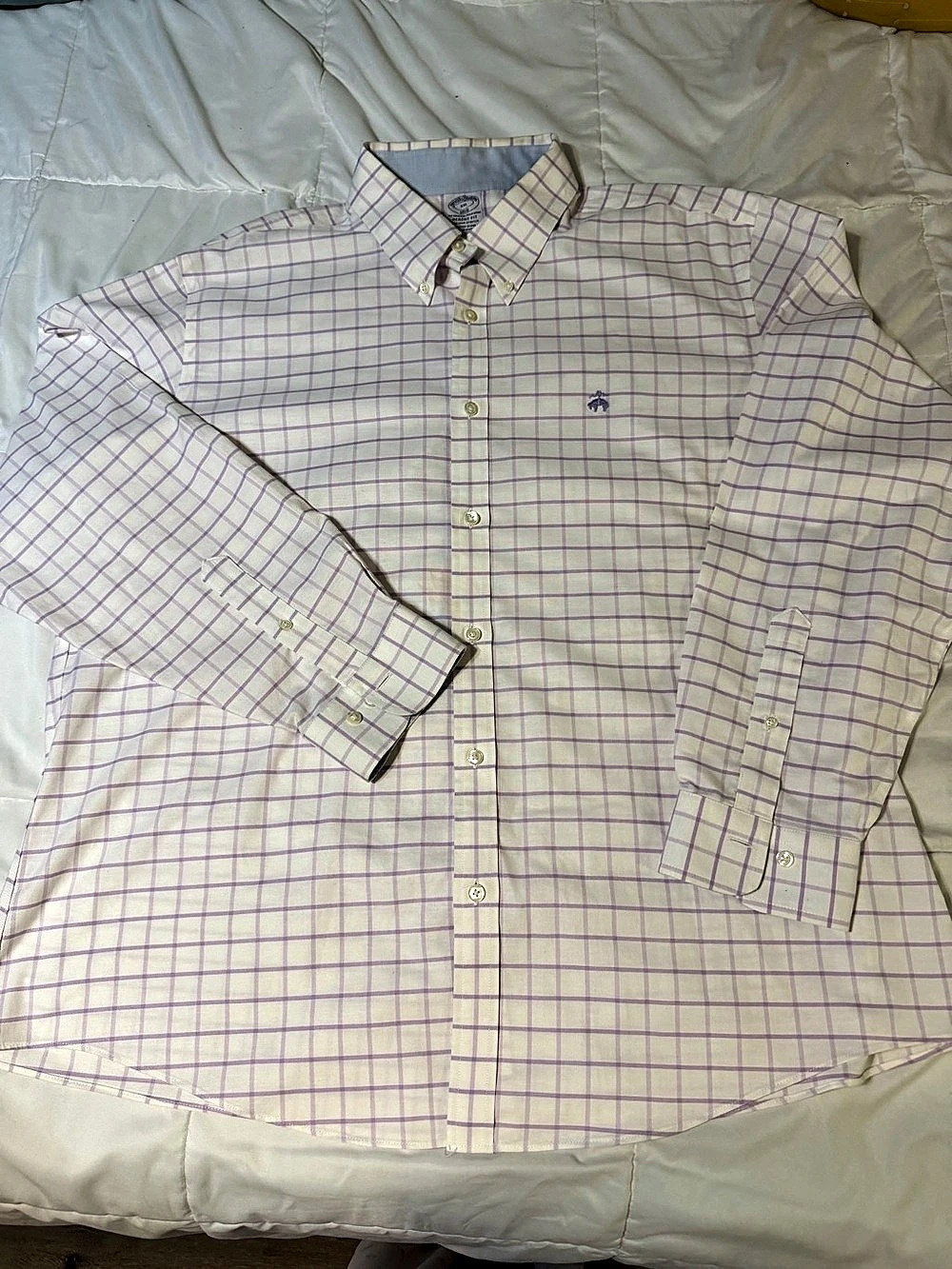 Brooks Bros Plaid Regent Fit 35Button Down in White & Purple XXL